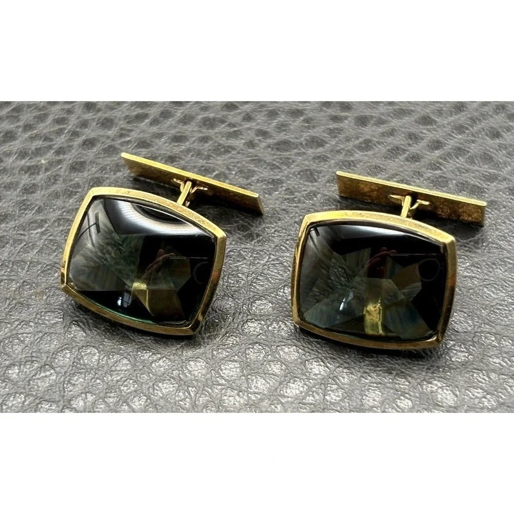 Vintage 14K Solid Gold Cufflinks Dark Green Gemstones Men's Formal Wear Luxury